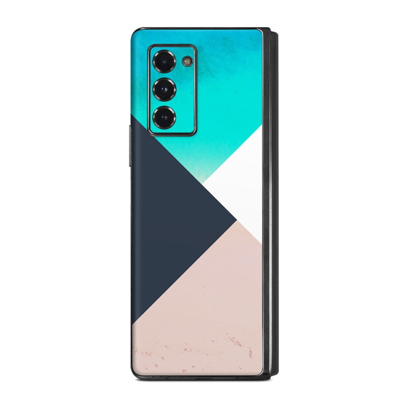 Samsung Galaxy Z Fold2 Skin design of Blue, Turquoise, Aqua, Line, Triangle, Design, Material property, Graphic design, Pattern, Architecture, with black, white, brown, blue colors