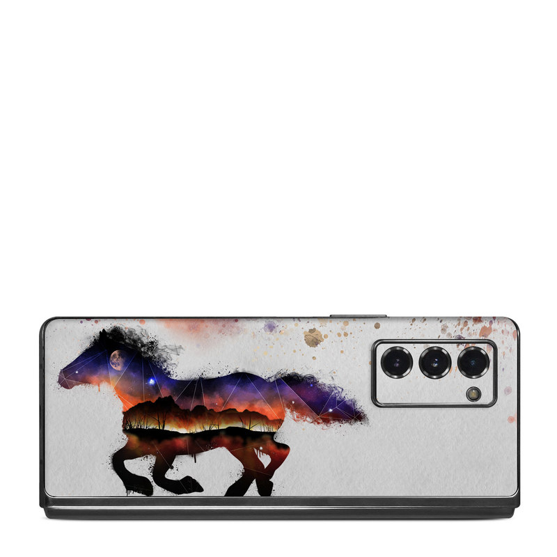 Samsung Galaxy Z Fold2 Skin design of Watercolor paint, Illustration, Art, Horse, Paint, Drawing, Graphic design, Painting, Visual arts, Mustang horse, with gray, white, purple, red, yellow, black, orange colors