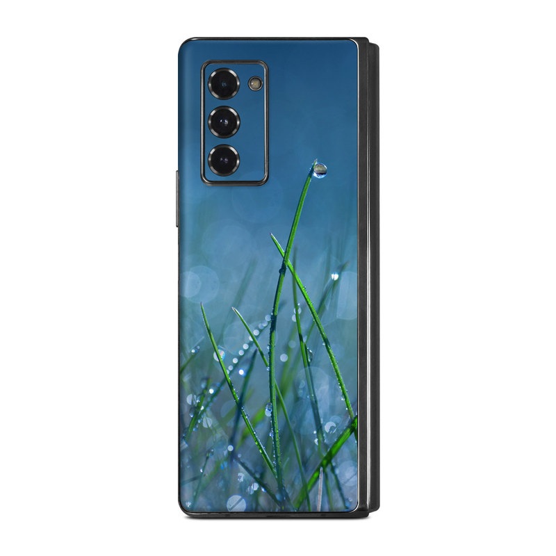 Samsung Galaxy Z Fold2 Skin design of Moisture, Dew, Water, Green, Grass, Plant, Drop, Grass family, Macro photography, Close-up, with blue, black, green, gray colors