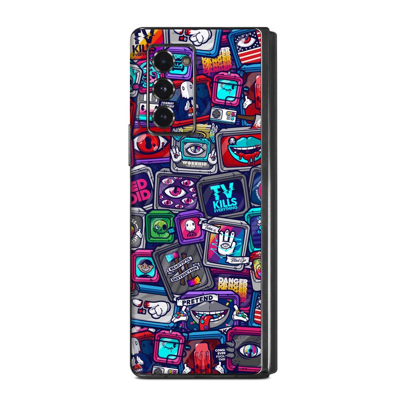 Samsung Galaxy Z Fold2 Skin design of Pattern, Font, Art, Visual arts, Collection, with red, blue, black, gray, purple, yellow, white, green colors