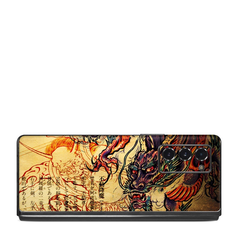Samsung Galaxy Z Fold2 Skin design of Illustration, Fictional character, Art, Demon, Drawing, Visual arts, Dragon, Supernatural creature, Mythical creature, Mythology, with black, green, red, gray, pink, orange colors