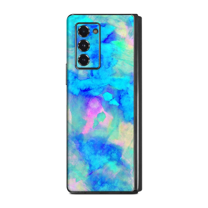 Samsung Galaxy Z Fold2 Skin design of Blue, Turquoise, Aqua, Pattern, Dye, Design, Sky, Electric blue, Art, Watercolor paint, with blue, purple colors