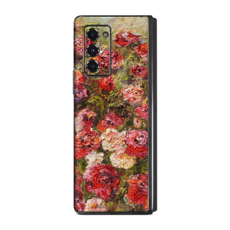 Samsung Galaxy Z Fold2 Skin design of Flower, Garden roses, Rose, Plant, Floribunda, Flowering plant, Rosa × centifolia, Rose family, Botany, Petal, with red, black, green, gray colors