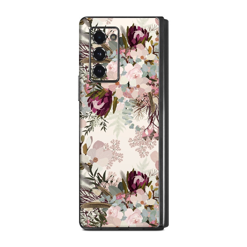 Samsung Galaxy Z Fold2 Skin design of Pink, Pattern, Lilac, Flower, Plant, Petal, Floral design, Textile, Design, Blossom, with white, red, pink, blue, brown colors