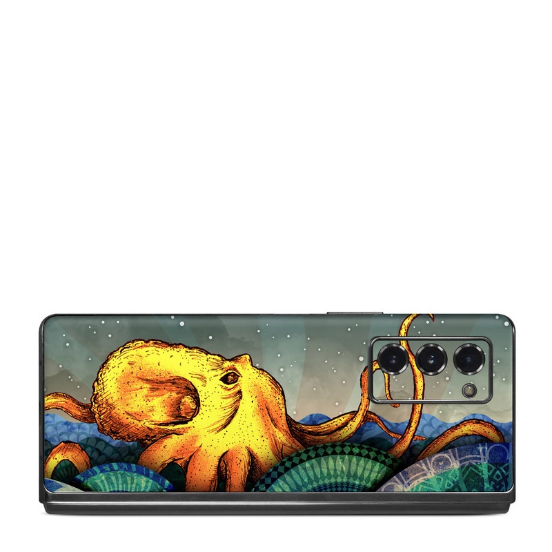 Samsung Galaxy Z Fold2 Skin design of Illustration, Fractal art, Art, Cg artwork, Sky, Organism, Psychedelic art, Graphic design, Graphics, Octopus, with black, gray, blue, green, red colors