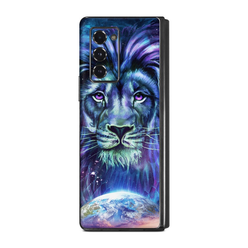 Samsung Galaxy Z Fold2 Skin design of Lion, Felidae, Purple, Wildlife, Big cats, Illustration, Darkness, Space, Painting, Art, with purple, blue, green, black, white, red colors