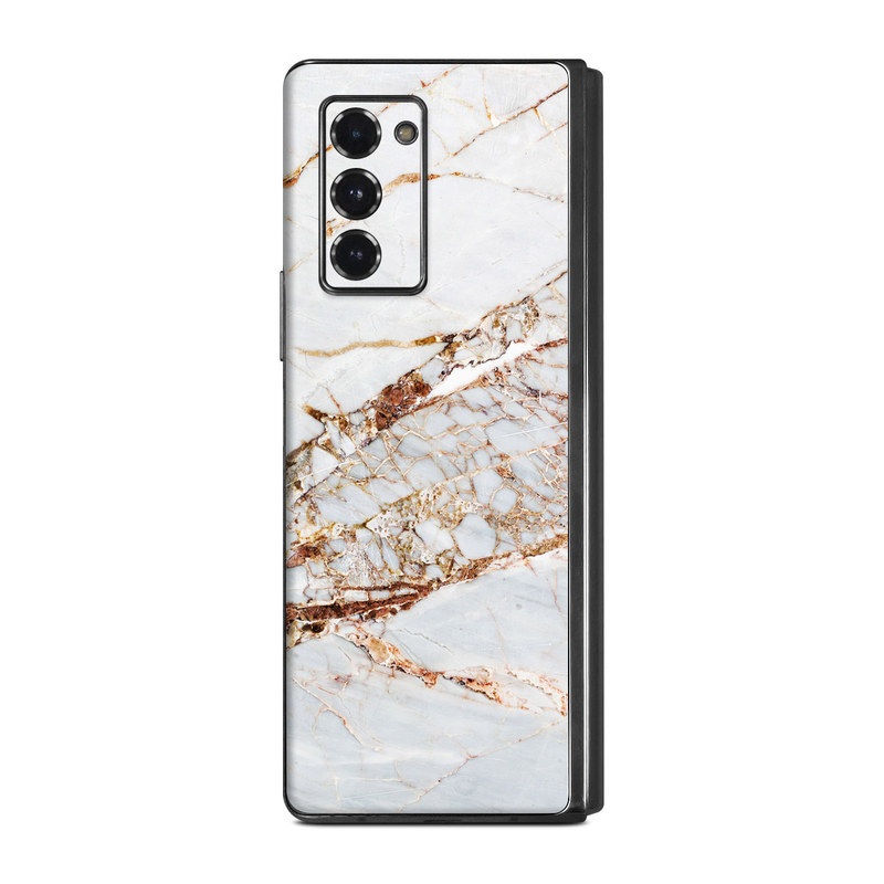 Samsung Galaxy Z Fold2 Skin design of White, Branch, Twig, Beige, Marble, Plant, Tile, with white, gray, yellow colors