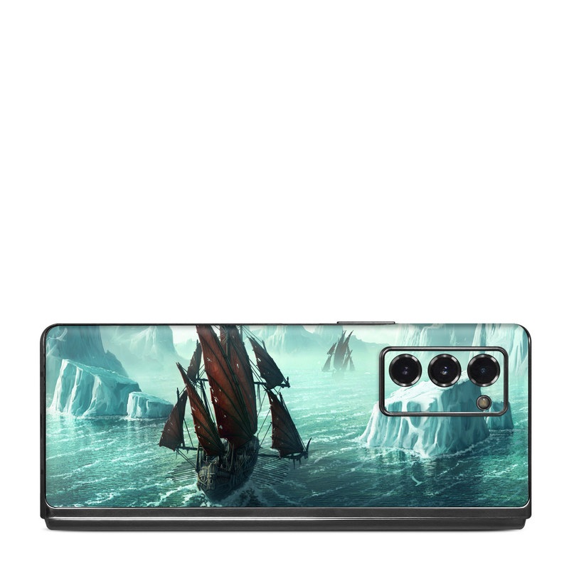 Samsung Galaxy Z Fold2 Skin design of Cg artwork, Vehicle, Ghost ship, Manila galleon, Fluyt, Adventure game, First-rate, Sailing ship, Mythology, Strategy video game, with gray, black, blue, green, white colors