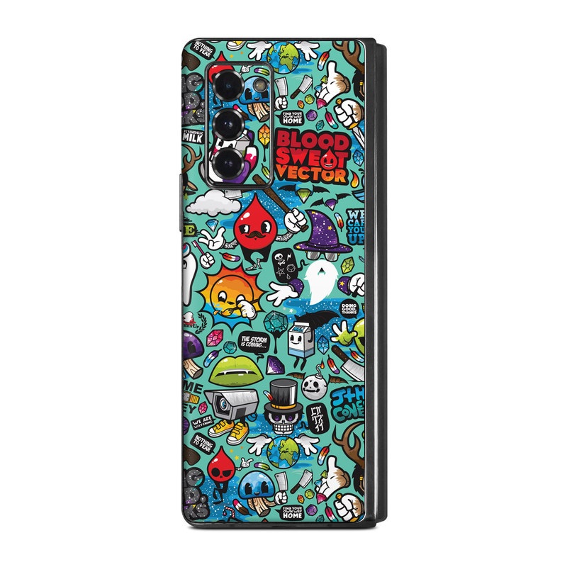 Samsung Galaxy Z Fold2 Skin design of Cartoon, Art, Pattern, Design, Illustration, Visual arts, Doodle, Psychedelic art, with black, blue, gray, red, green colors
