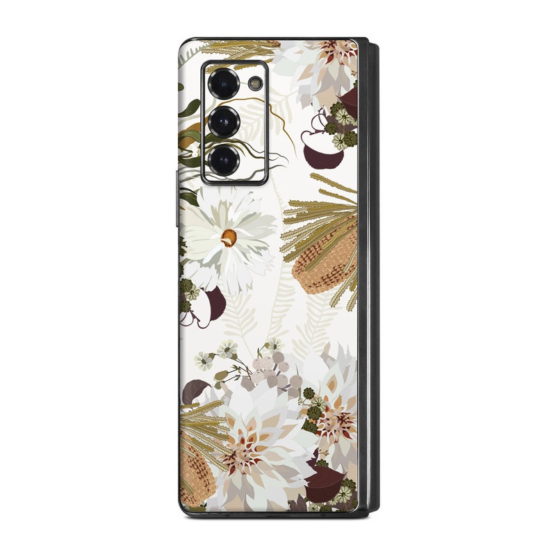 Samsung Galaxy Z Fold2 Skin design of Flower, Botany, Plant, Floral design, Wildflower, Pattern, Wallpaper, Textile, Petal, Butterfly, with white, brown, green, gray colors