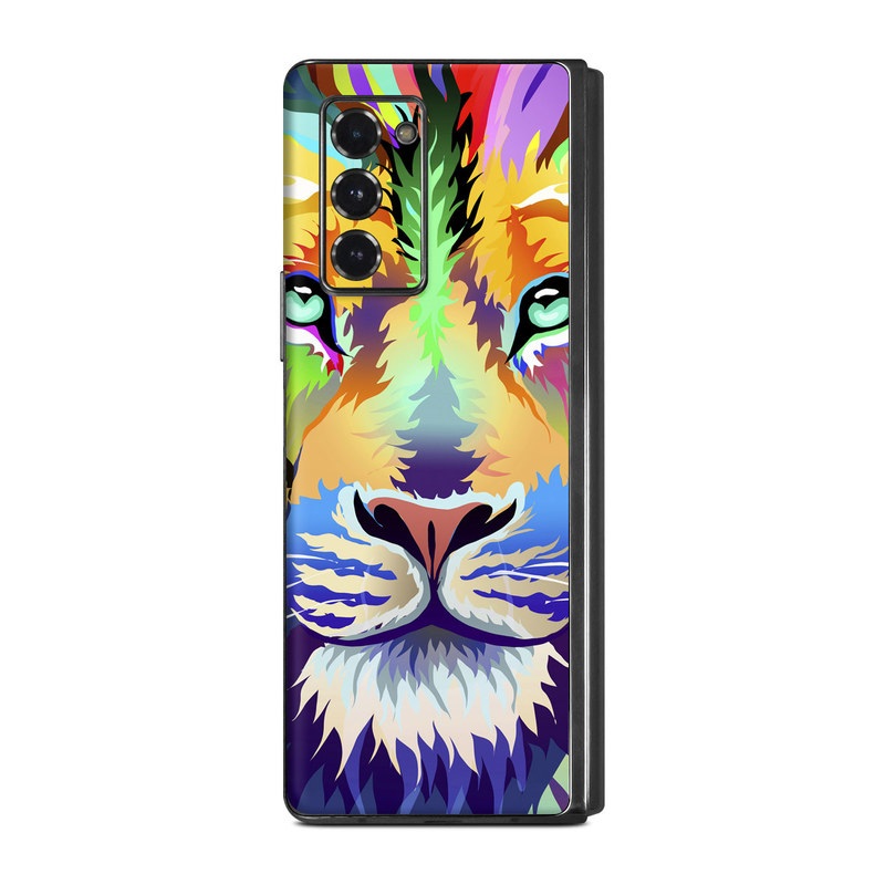 Samsung Galaxy Z Fold2 Skin design of Bengal tiger, Felidae, Lion, Wildlife, Big cats, Tiger, Carnivore, Art, Illustration, Painting, with orange, yellow, green, red, pink, blue, purple colors