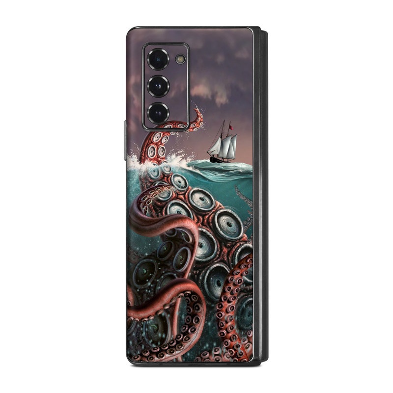 Samsung Galaxy Z Fold2 Skin design of Octopus, Water, Illustration, Wind wave, Sky, Graphic design, Organism, Cephalopod, Cg artwork, giant pacific octopus, with blue, gray, white, brown, red colors