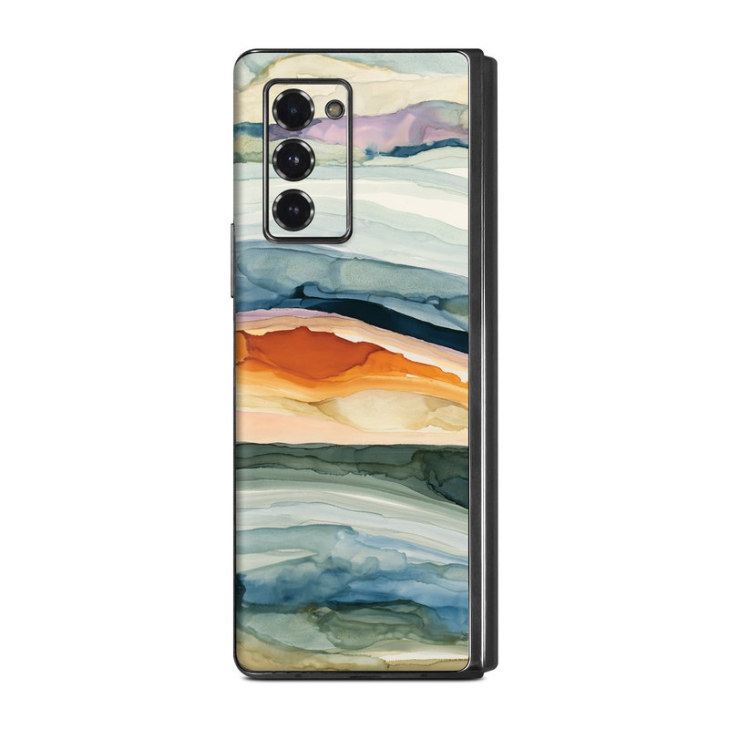 Samsung Galaxy Z Fold2 Skin design of Watercolor paint, Painting, Sky, Wave, Geology, Landscape, Pattern, Acrylic paint, Cloud, Paint, with blue, purple, orange, yellow, red, green, brown colors