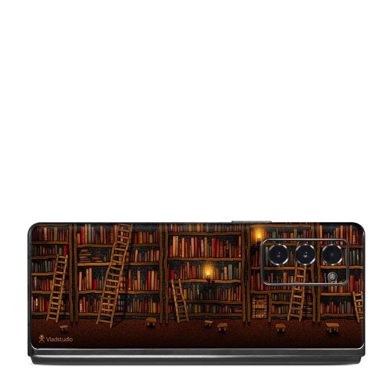 Samsung Galaxy Z Fold2 Skin design of Shelving, Library, Bookcase, Shelf, Furniture, Book, Building, Publication, Room, Darkness, with black, red colors