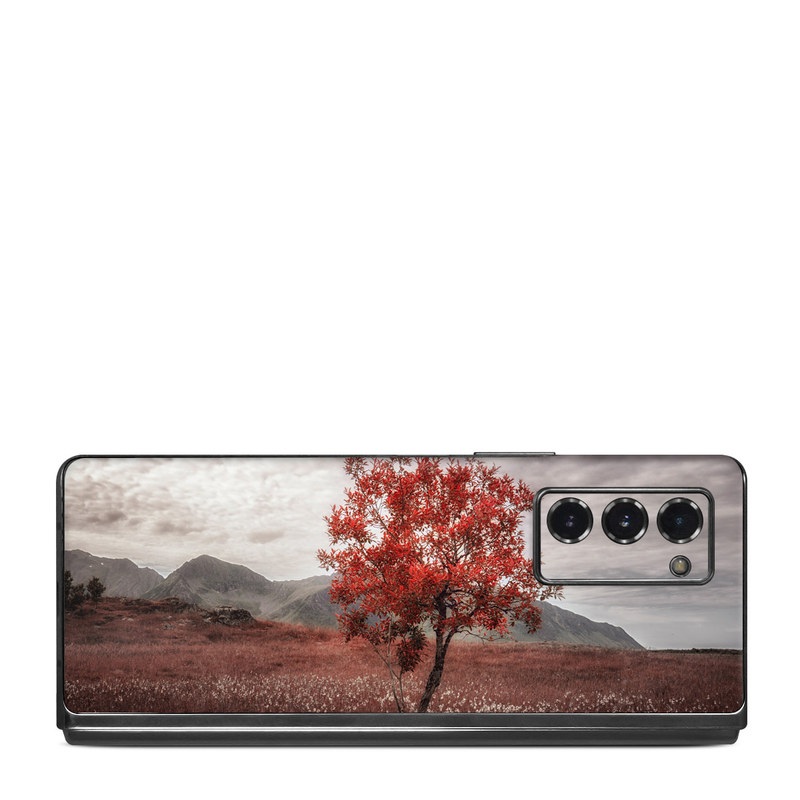 Samsung Galaxy Z Fold2 Skin design of Natural landscape, Nature, Tree, Sky, Red, Natural environment, Atmospheric phenomenon, Leaf, Cloud, Woody plant, with black, gray, red colors