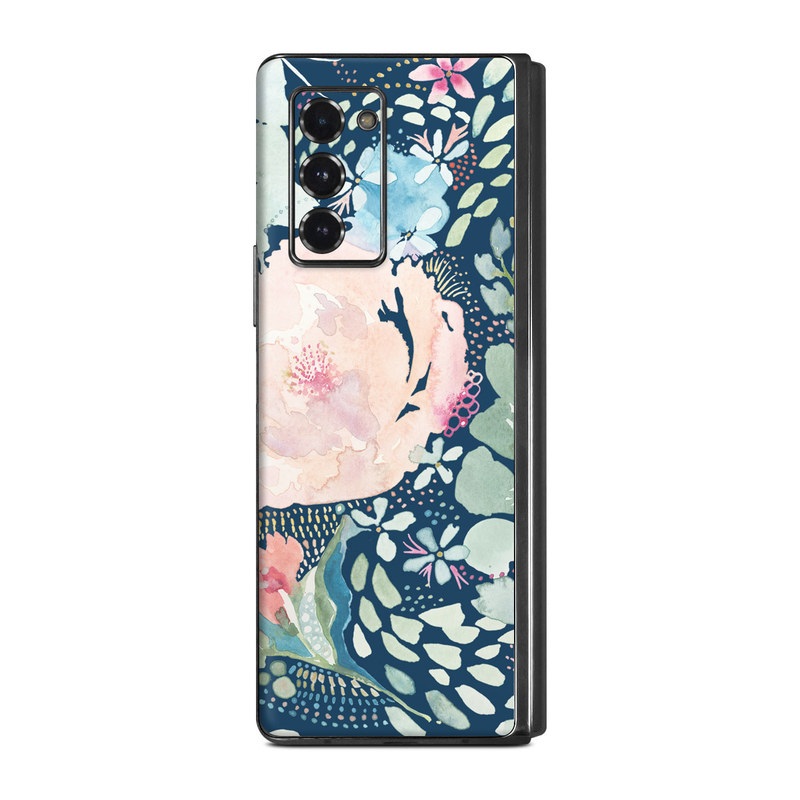 Samsung Galaxy Z Fold2 Skin design of Flower, Plant, Petal, Botany, Textile, Sleeve, Creative arts, Art, Painting, Aqua, with blue, pink, green, white, orange, yellow, red colors