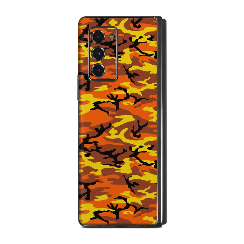Samsung Galaxy Z Fold2 Skin design of Military camouflage, Orange, Pattern, Camouflage, Yellow, Brown, Uniform, Design, Tree, Wildlife, with red, green, black colors