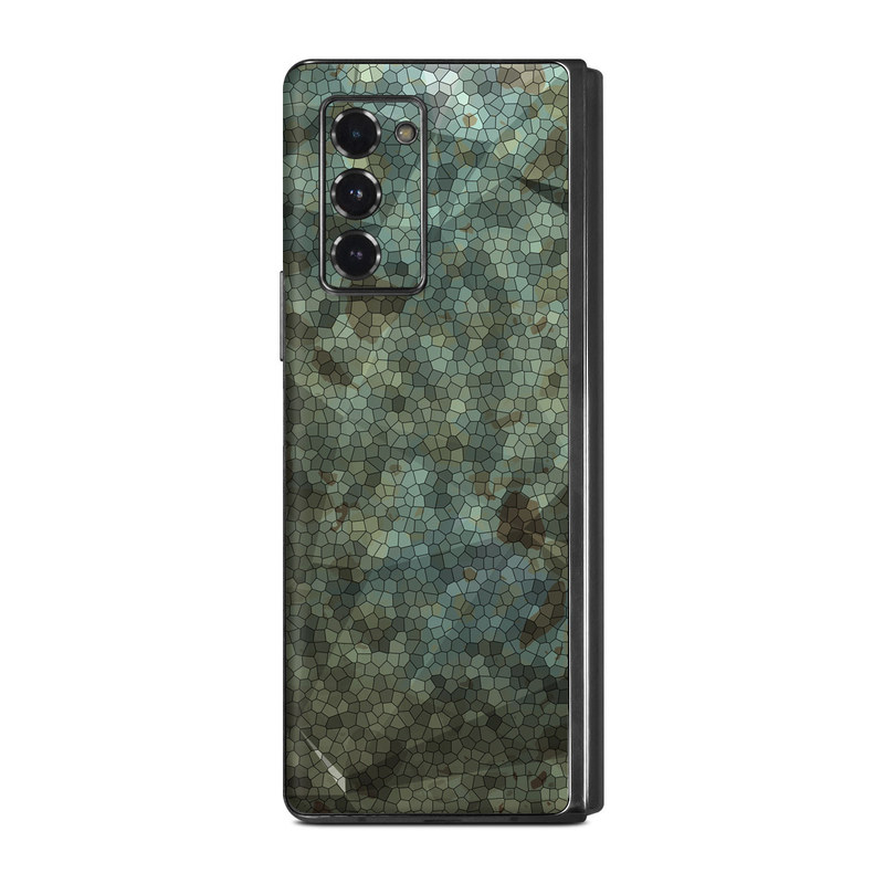 Samsung Galaxy Z Fold2 Skin design of Green, Pattern, Brown, Wall, Design, Rock, Geology, Camouflage, Granite, Metal, with black, brown, blue, gray, white colors