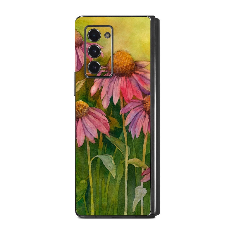 Samsung Galaxy Z Fold2 Skin design of Flowering plant, Purple coneflower, Coneflower, Flower, Plant, Watercolor paint, Wildflower, black-eyed susan, Petal, Daisy family, with black, green, red, gray, purple colors