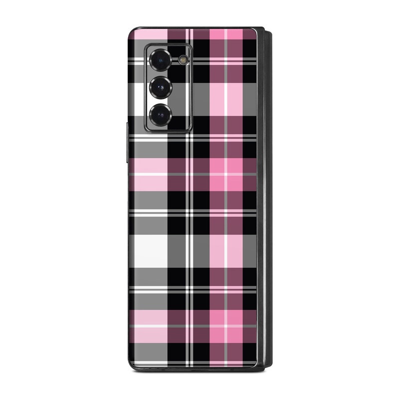 Samsung Galaxy Z Fold2 Skin design of Plaid, Tartan, Pattern, Pink, Purple, Violet, Line, Textile, Magenta, Design, with black, gray, pink, red, white, purple colors