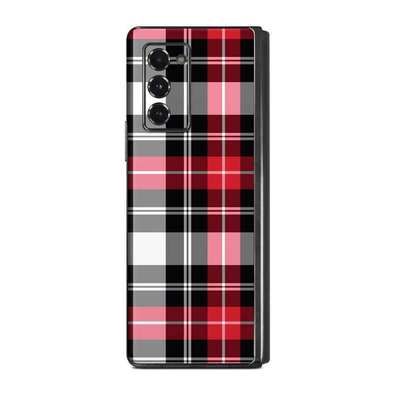 Samsung Galaxy Z Fold2 Skin design of Plaid, Tartan, Pattern, Red, Textile, Design, Line, Pink, Magenta, Square, with black, gray, pink, red, white colors