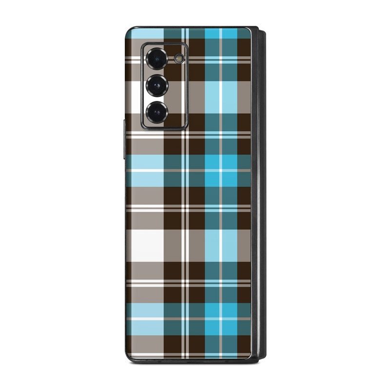 Samsung Galaxy Z Fold2 Skin design of Plaid, Pattern, Tartan, Turquoise, Textile, Design, Brown, Line, Tints and shades, with gray, black, blue, white colors