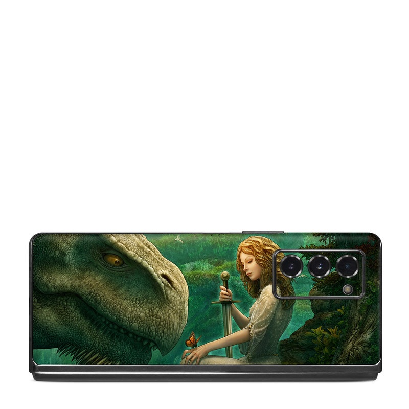 Samsung Galaxy Z Fold2 Skin design of Dinosaur, Cg artwork, Mythology, Fictional character, Troodon, Extinction, Velociraptor, Illustration, Animated cartoon, Tyrannosaurus, with black, green, gray, red colors