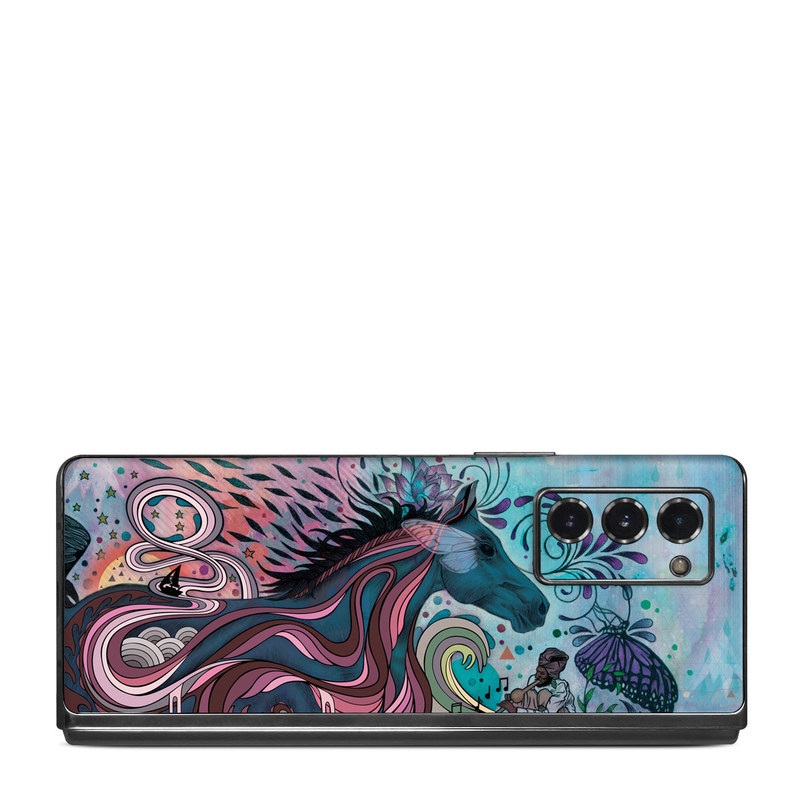 Samsung Galaxy Z Fold2 Skin design of Illustration, Art, Visual arts, Graphic design, Fictional character, Psychedelic art, Pattern, Drawing, Painting, Mythology, with gray, black, blue, red, purple colors