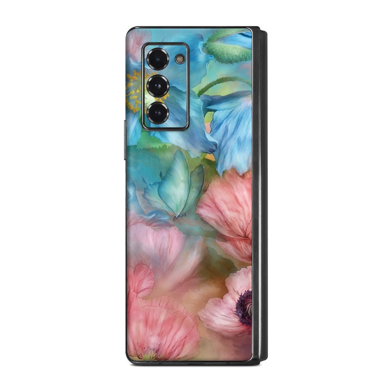 Samsung Galaxy Z Fold2 Skin design of Flower, Petal, Watercolor paint, Painting, Plant, Flowering plant, Pink, Botany, Wildflower, Still life, with gray, blue, black, red, green colors