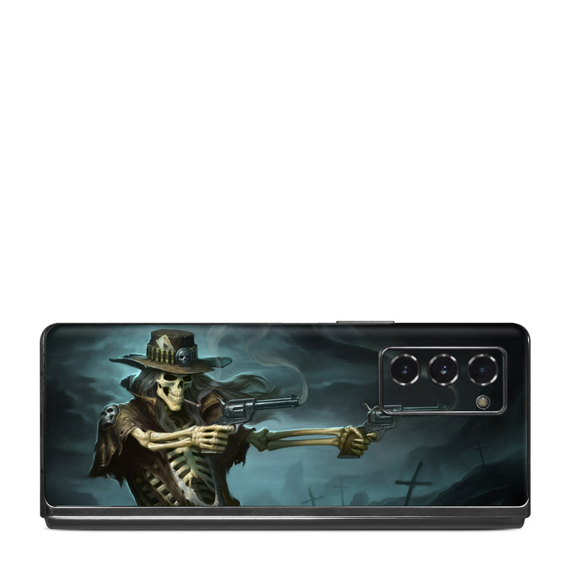 Samsung Galaxy Z Fold2 Skin design of Cg artwork, Action-adventure game, Darkness, Illustration, Games, Adventure game, Pc game, Woman warrior, Digital compositing, Fictional character, with black, white, blue, gray colors