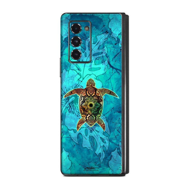 Samsung Galaxy Z Fold2 Skin design of Sea turtle, Green sea turtle, Turtle, Hawksbill sea turtle, Tortoise, Reptile, Loggerhead sea turtle, Illustration, Art, Pattern, with blue, black, green, gray, red colors