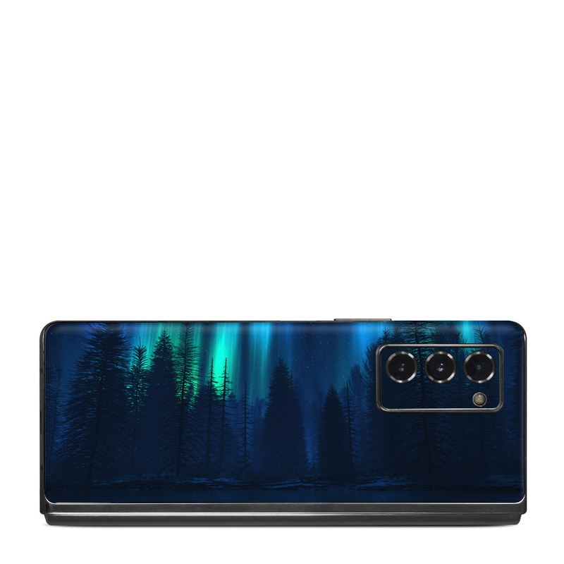 Samsung Galaxy Z Fold2 Skin design of Blue, Light, Natural environment, Tree, Sky, Forest, Darkness, Aurora, Night, Electric blue, with black, blue colors