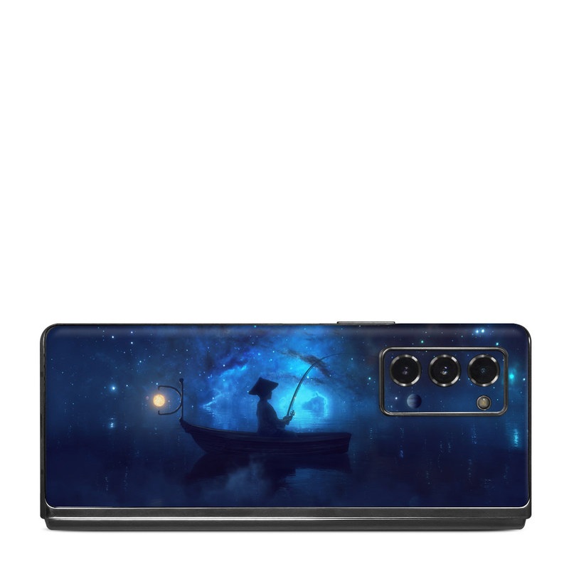 Samsung Galaxy Z Fold2 Skin design of Sky, Night, Atmosphere, Light, Atmospheric phenomenon, Darkness, Screenshot, Space, Midnight, Moonlight, with white, blue, black, green, orange colors