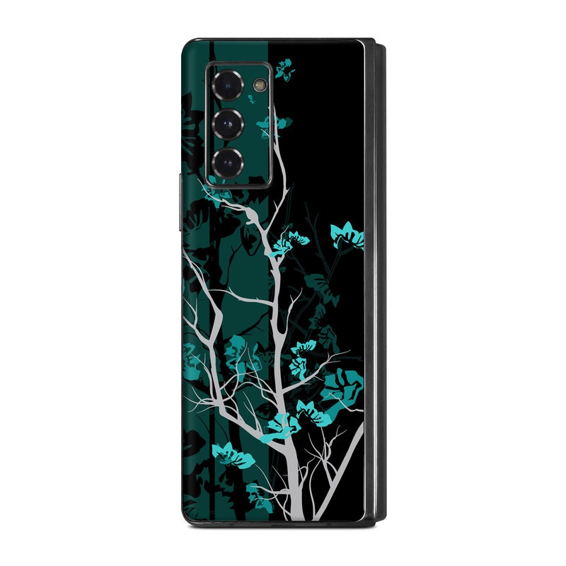 Samsung Galaxy Z Fold2 Skin design of Branch, Black, Blue, Green, Turquoise, Teal, Tree, Plant, Graphic design, Twig, with black, blue, gray colors