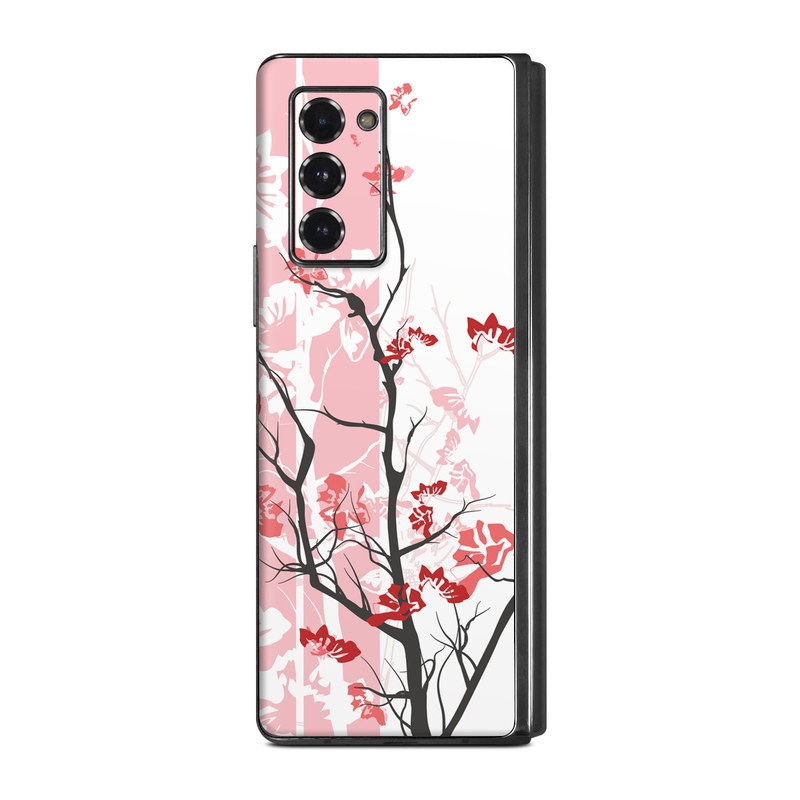 Samsung Galaxy Z Fold2 Skin design of Branch, Red, Flower, Plant, Tree, Twig, Blossom, Botany, Pink, Spring, with white, pink, gray, red, black colors