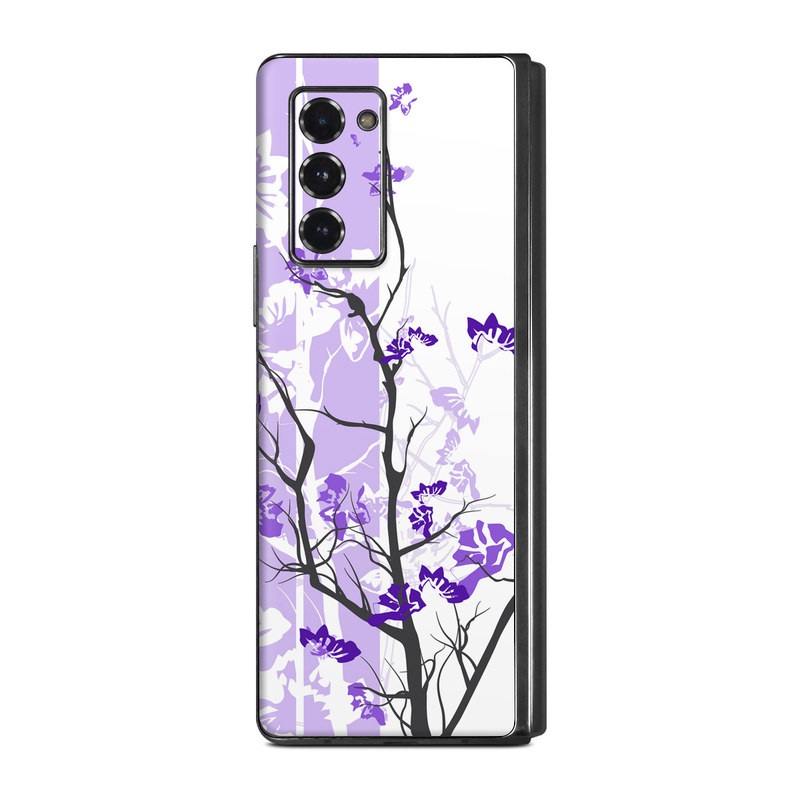 Samsung Galaxy Z Fold2 Skin design of Branch, Purple, Violet, Lilac, Lavender, Plant, Twig, Flower, Tree, Wildflower, with white, purple, gray, pink, black colors