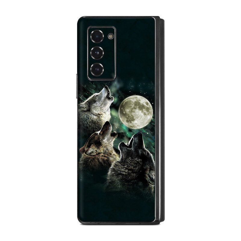 Samsung Galaxy Z Fold2 Skin design of Wolf, Light, Astronomical object, Moon, Wildlife, Organism, Moonlight, Sky, Atmosphere, Celestial event, with black, gray, green colors