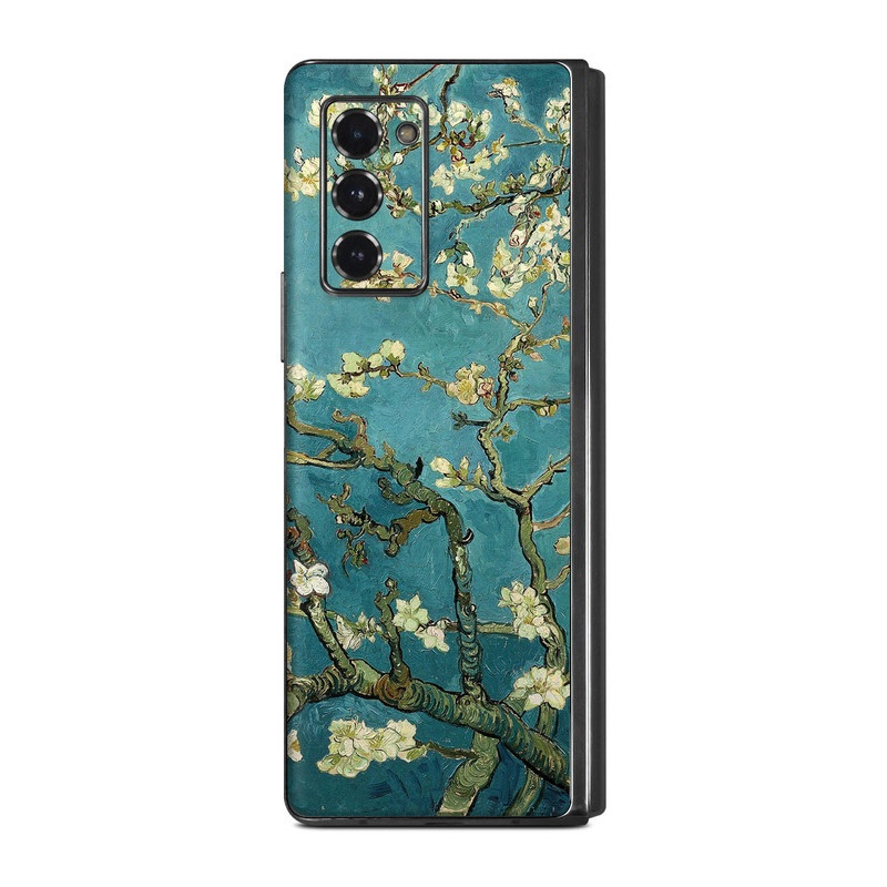 Samsung Galaxy Z Fold2 Skin design of Tree, Branch, Plant, Flower, Blossom, Spring, Woody plant, Perennial plant, with blue, black, gray, green colors
