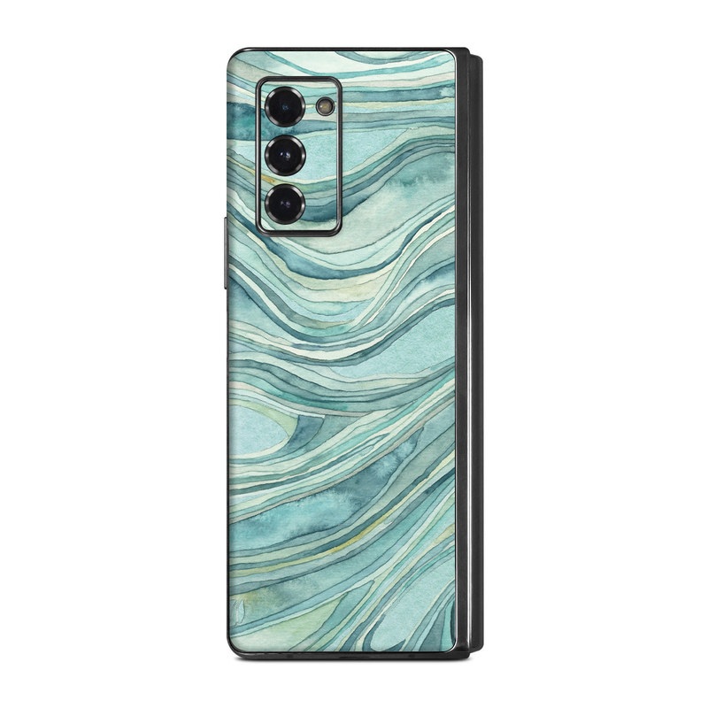 Samsung Galaxy Z Fold2 Skin design of Aqua, Blue, Pattern, Turquoise, Teal, Water, Design, Line, Wave, Textile, with gray, blue colors