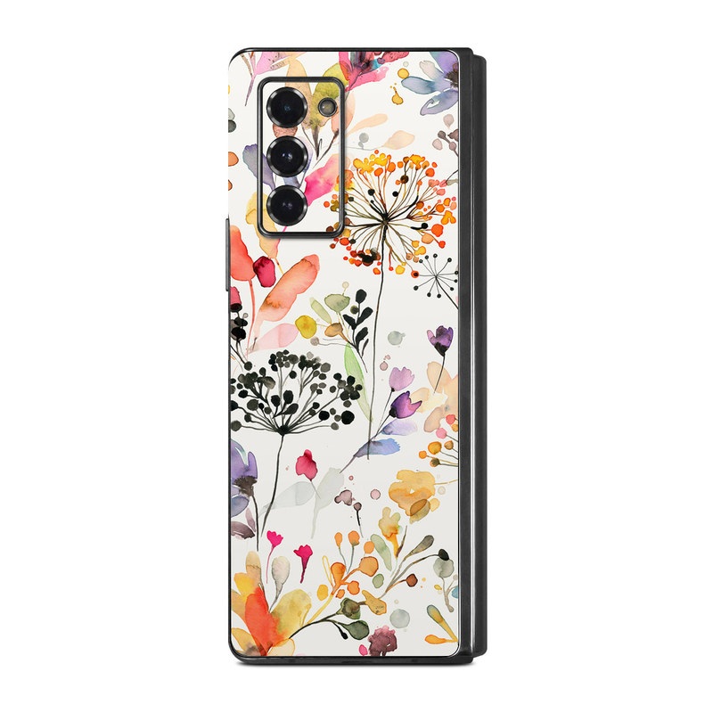 Samsung Galaxy Z Fold2 Skin design of Flower, Petal, Rectangle, Branch, Creative arts, Plant, Line, Art, Painting, Font, with white, pink, red, yellow, orange, green, blue, purple colors