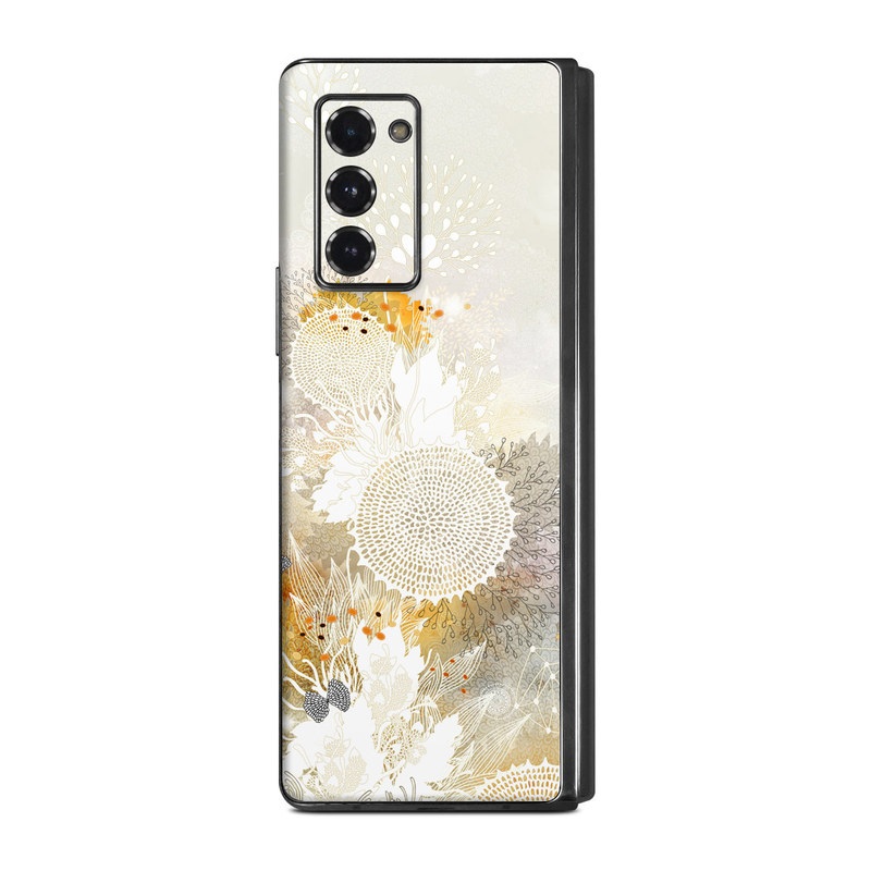 Samsung Galaxy Z Fold2 Skin design of Pattern, Floral design, Flower, Plant, Illustration, camomile, Wildflower, Art, with gray, yellow, pink, white, green colors
