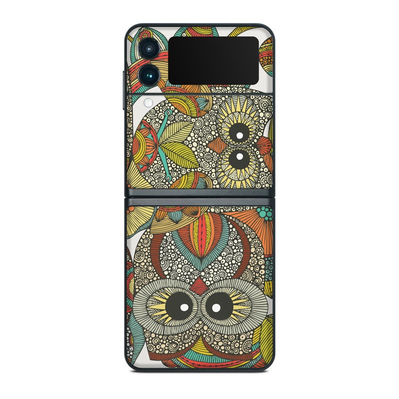 Samsung Galaxy Z Flip3 Skin design of Owl, Pattern, Visual arts, Art, Design, Textile, Illustration, Motif, Bird, with white, green, orange, yellow, blue, red colors