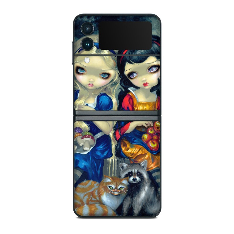 Samsung Galaxy Z Flip3 Skin design of Doll, Cartoon, Illustration, Cat, Art, Fawn, Toy, Fictional character, Whiskers, with blue, yellow, red, orange, gray colors
