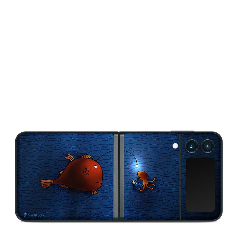 Samsung Galaxy Z Flip3 Skin design of Deep sea fish, Anglerfish, Illustration, Fish, Animation, Art, with blue, red colors