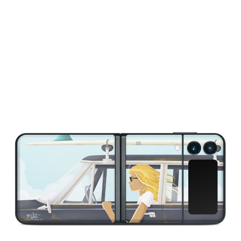 Samsung Galaxy Z Flip3 Skin design of Vehicle door, Vehicle, Automotive exterior, Automotive design, Car, Headgear, Windshield, Dress, Automotive window part, Family car, with blue, white, gray, yellow colors