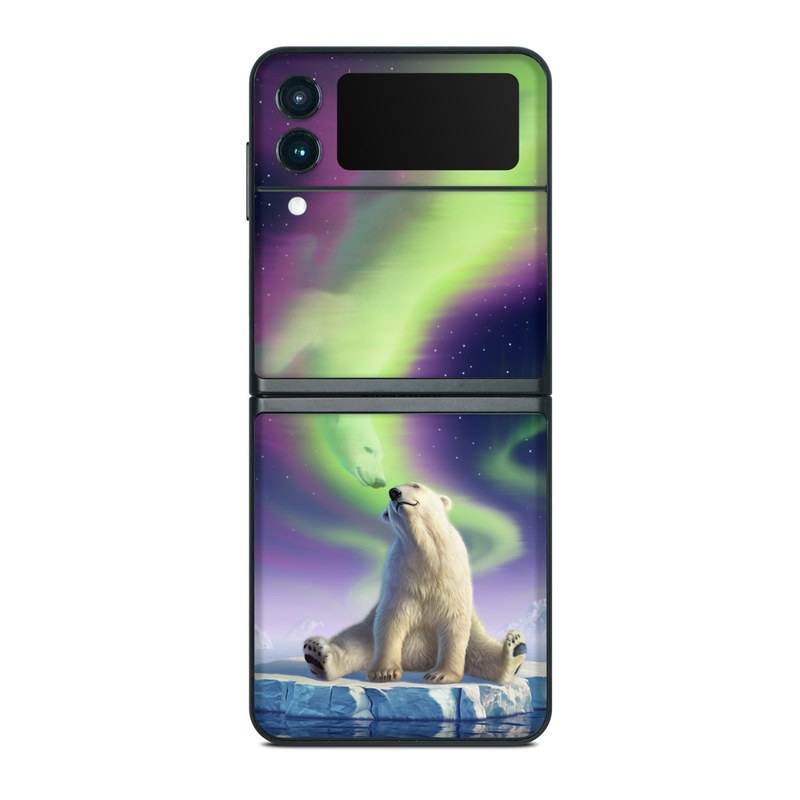 Samsung Galaxy Z Flip3 Skin design of Aurora, Sky, Wildlife, Polar bear, Fictional character with white, blue, green, purple colors