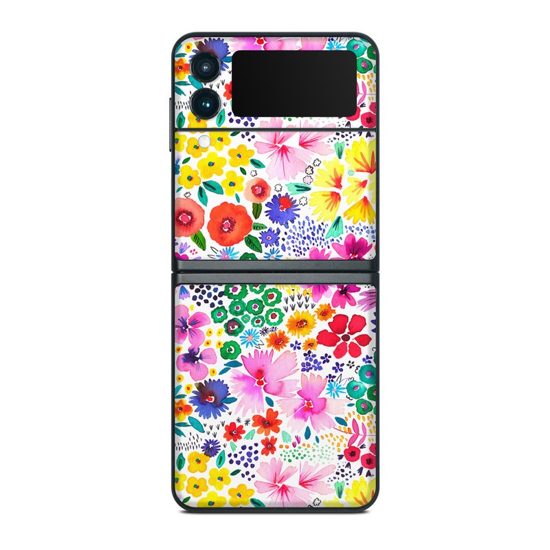 Samsung Galaxy Z Flip3 Skin design of Colorfulness, Flower, Pink, Art, Magenta, Pattern, Creative arts, Petal, Symmetry, Electric blue, with white, pink, green, red, blue, purple, yellow, orange colors
