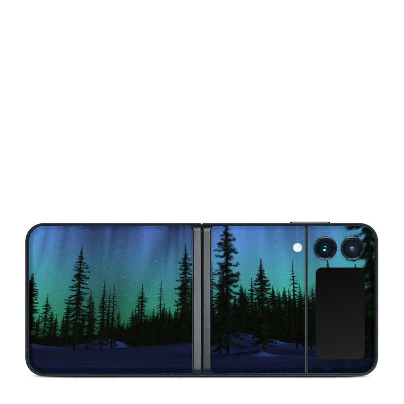 Samsung Galaxy Z Flip3 Skin design of Aurora, Nature, Sky, shortleaf black spruce, Natural landscape, Tree, Wilderness, Natural environment, Biome, Spruce-fir forest, with blue, purple, green, black colors