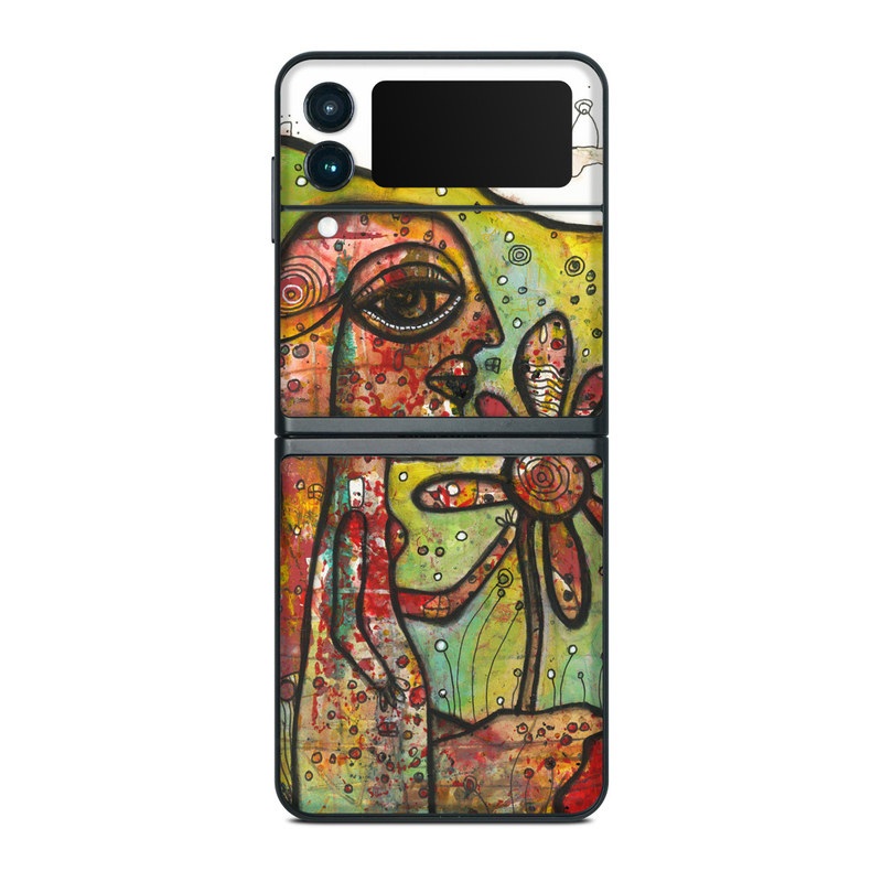 Samsung Galaxy Z Flip3 Skin design of Modern art, Art, Painting, Acrylic paint, Psychedelic art, Visual arts, Watercolor paint, Illustration, Paint, Style, with green, black, red, white, orange, yellow colors