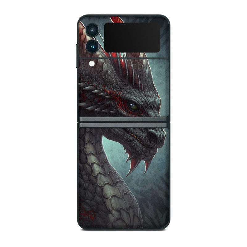 Samsung Galaxy Z Flip3 Skin design of Dragon, Fictional character, Mythical creature, Demon, Cg artwork, Illustration, Green dragon, Supernatural creature, Cryptid, with red, gray, blue colors